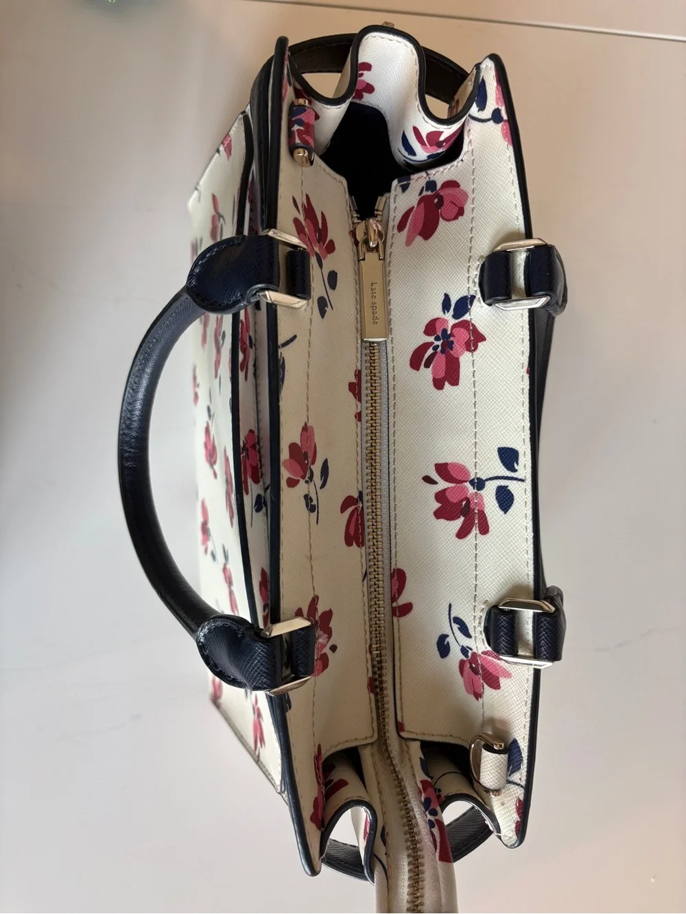 kate spade Cream Floral Satchel with Pink & Navy Accents